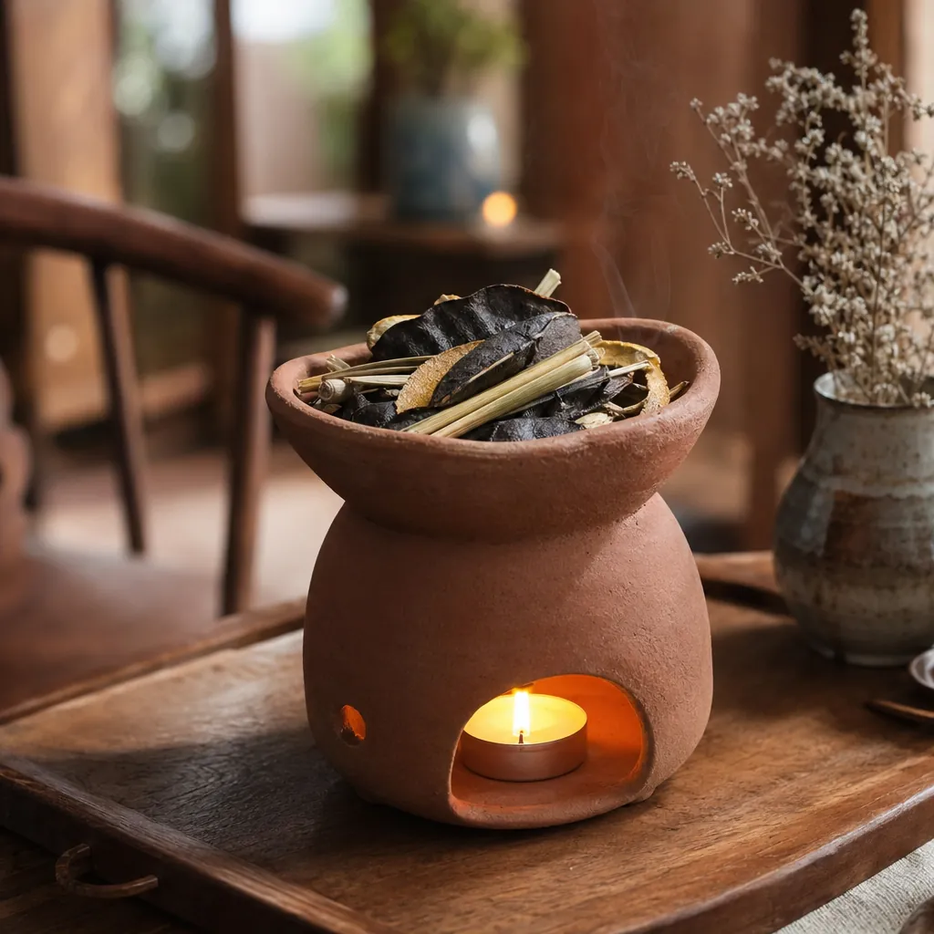 Kết hợp bồ kết xông nhà với bếp xông thảo mộc đất nung và nến tealight