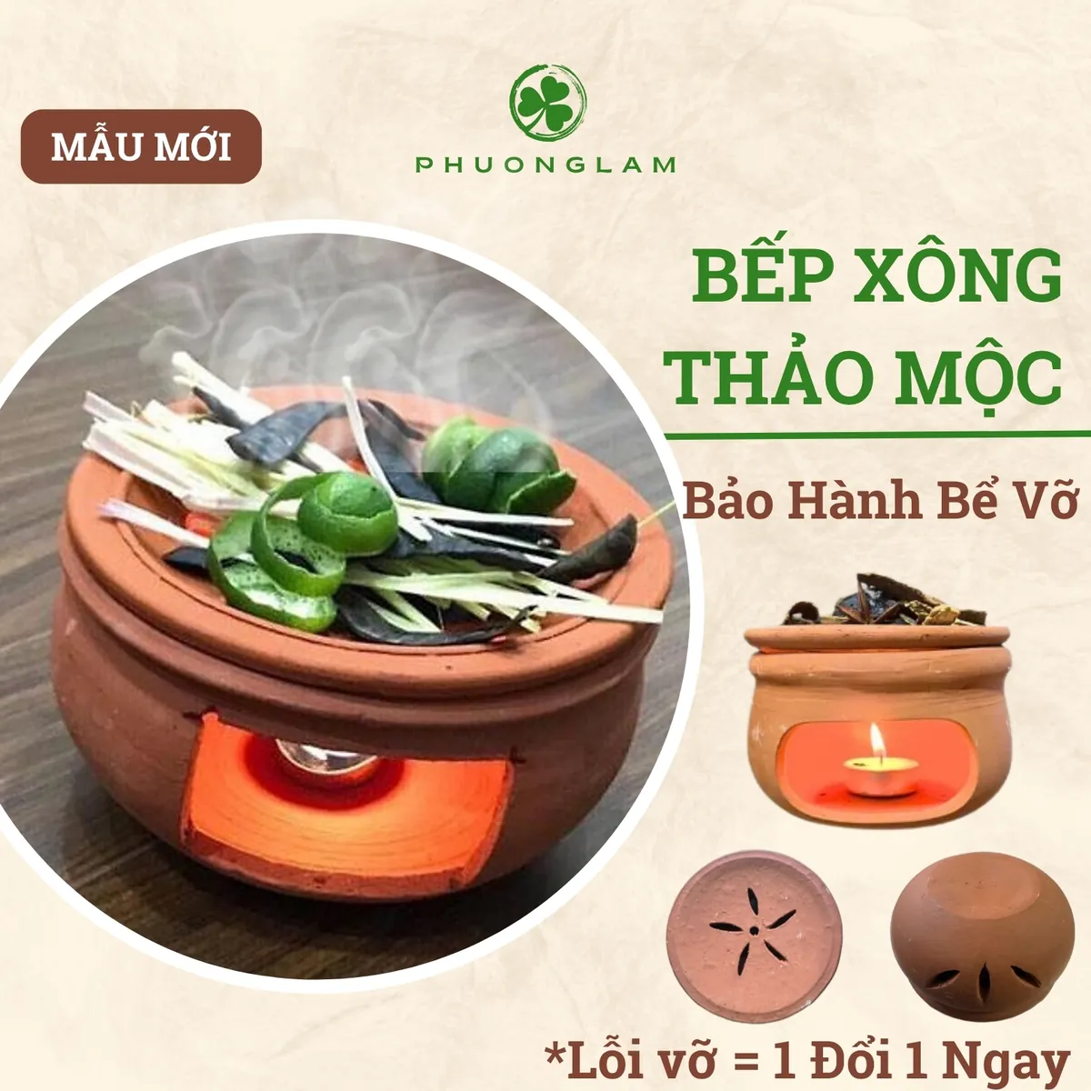 Bếp xông thảo mộc đất nung kèm nến tealight và thảo mộc trong bộ xông nhà Phương Lâm
