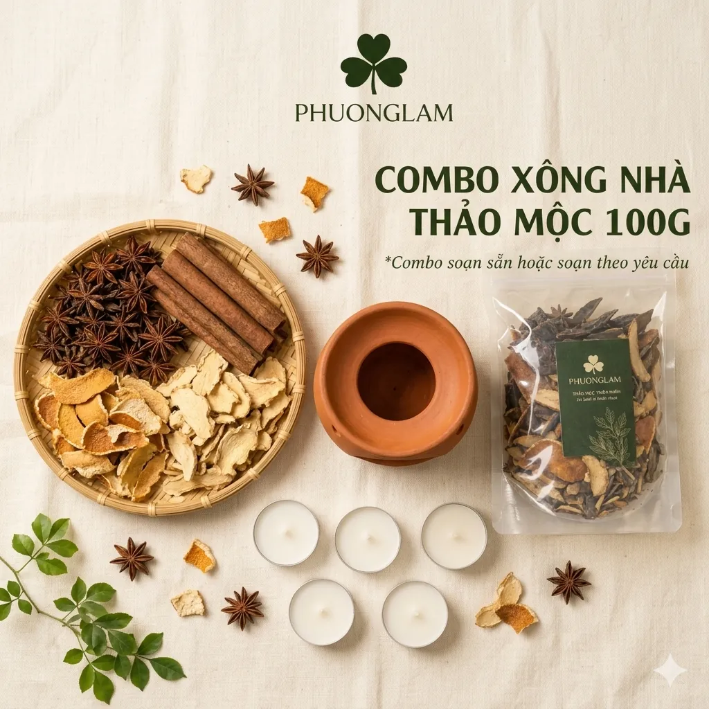 Bộ combo xông nhà gồm bếp đất nung, thảo mộc, nến tealight và túi thảo mộc trên nền sáng
