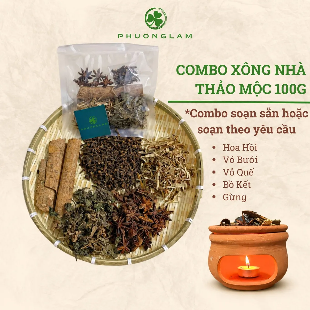 Combo xông nhà thảo mộc 100g có bếp xông, nến tealight, thảo mộc và hũ thủy tinh