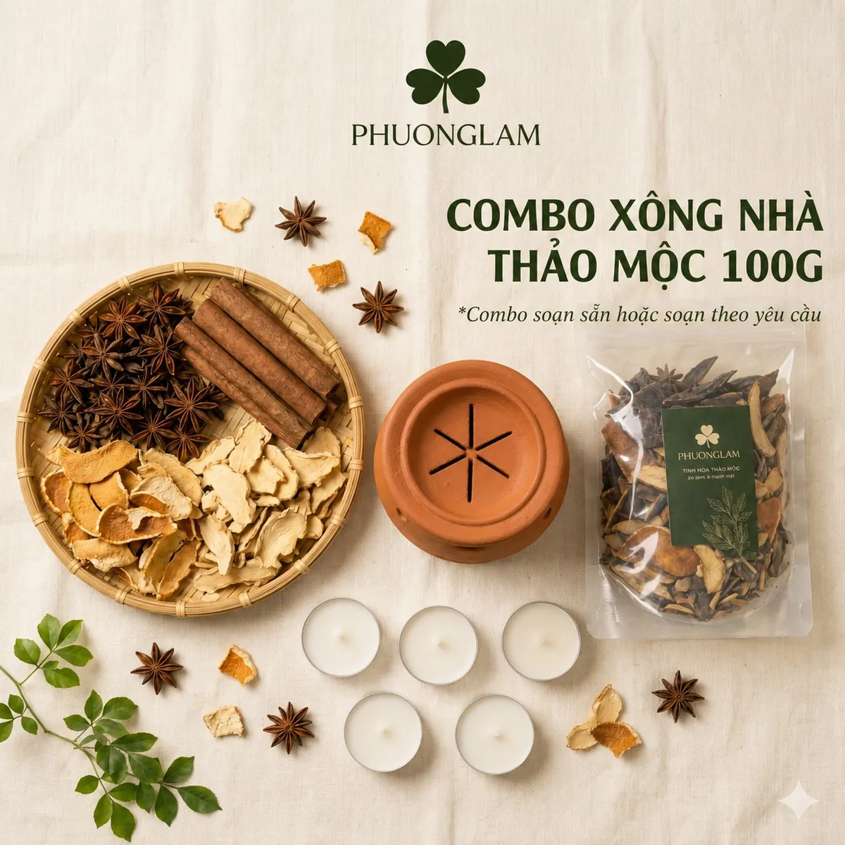 Bộ xông thảo mộc Phương Lâm gồm bếp đất nung, thảo mộc, nến tealight và túi thảo mộc