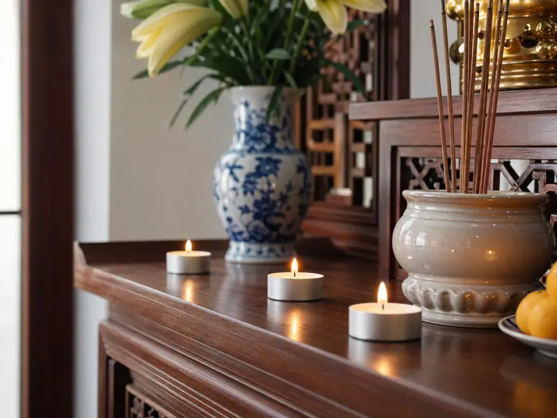 Nến tealight trắng cháy an toàn trên bàn thờ gia đình Việt