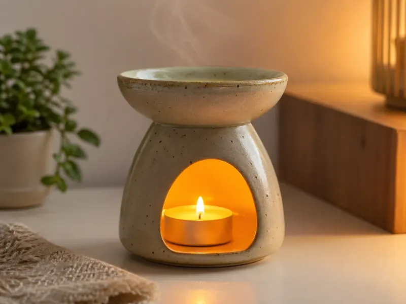 Nến tealight đặt trong đèn xông tinh dầu gốm với ánh lửa ấm