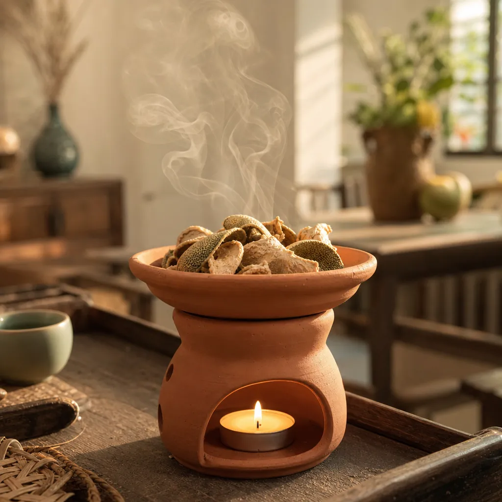 Cách xông nhà bằng vỏ bưởi khô trên bếp xông đất nung Phương Lâm — kết hợp nến tealight không khói