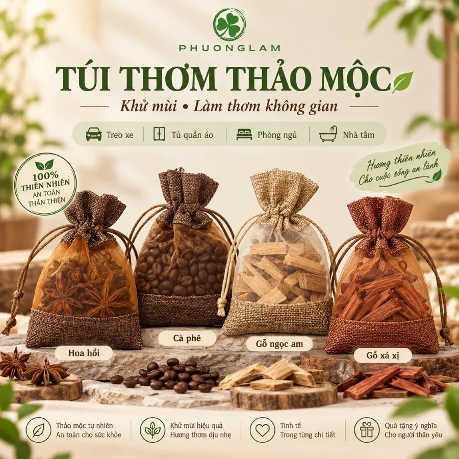 Túi Thơm Treo Xe, Treo Phòng, Tủ Quần Áo PHUONGLAM – Ngọc Am, Xá Xị Đỏ, Hoa Đại Hồi, Cà Phê Rang