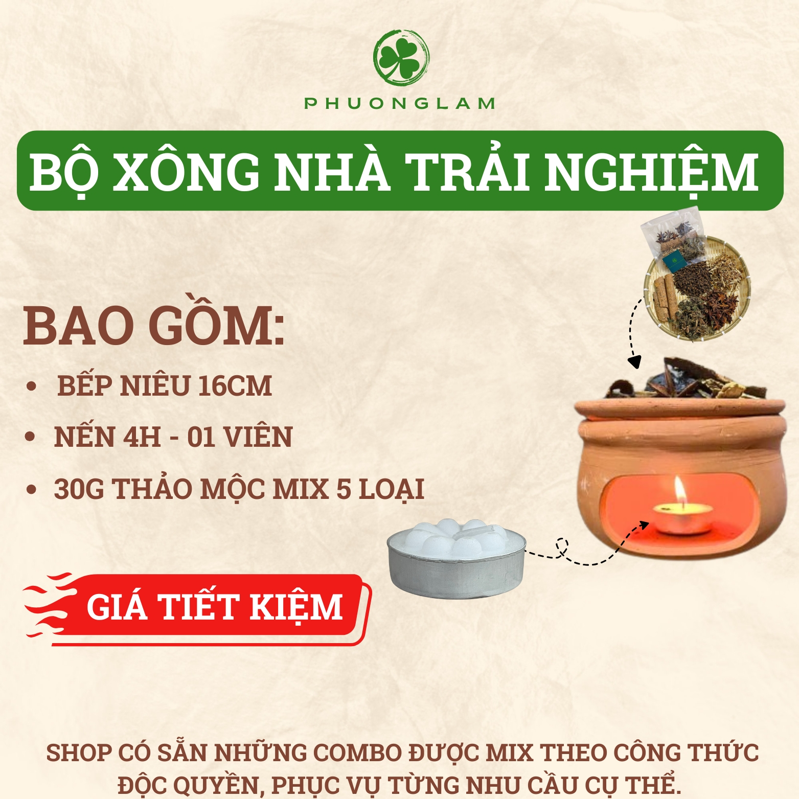 Bộ Xông Nhà Trải Nghiệm — Bếp Niêu Đất Nung +  Thảo Mộc Mix 5 Loại + Nến 4H | Phuonglam
